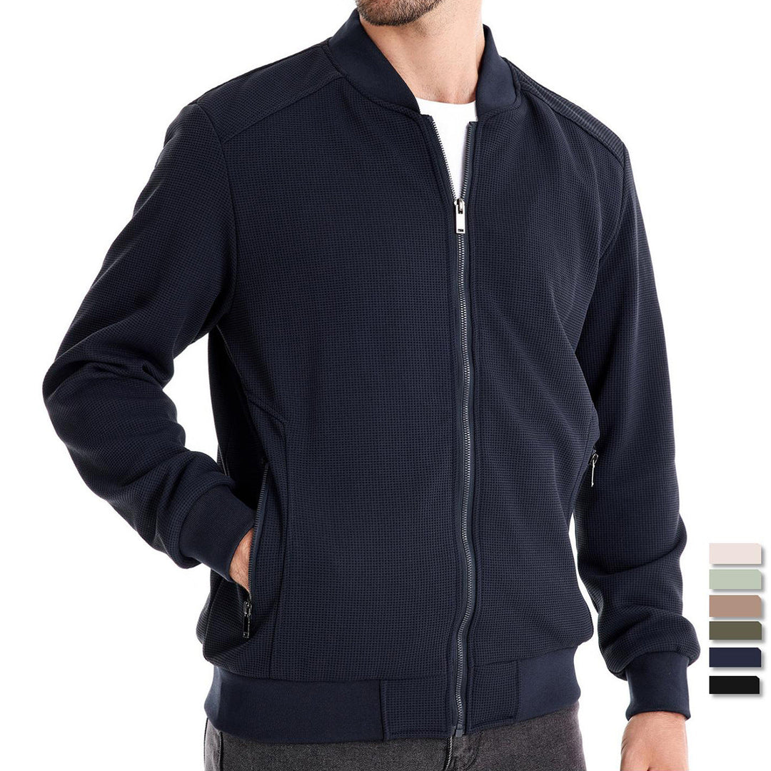 Durable men's zip-up bomber jacket, providing excellent comfort and a sleek silhouette for daily wear.