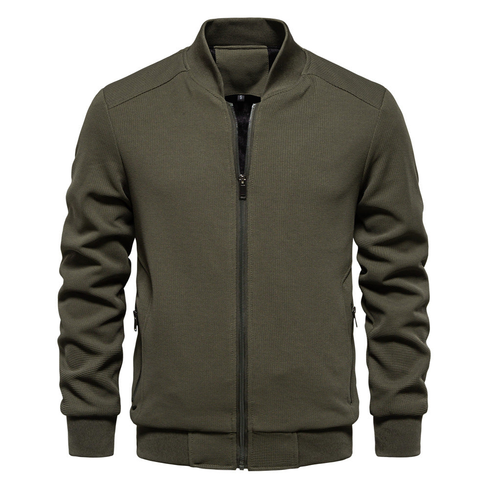 Contemporary men's zip-up bomber jacket, blending comfort with stylish design for urban fashion.