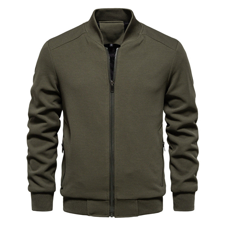 Contemporary men's zip-up bomber jacket, blending comfort with stylish design for urban fashion.