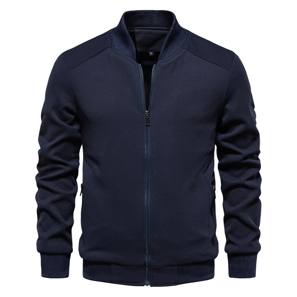 Men's casual zip-up bomber jacket, featuring a ribbed collar and cuffs for a secure, comfortable fit.