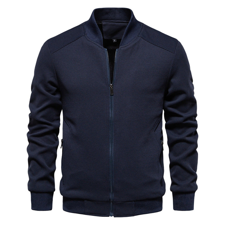 Men's casual zip-up bomber jacket, featuring a ribbed collar and cuffs for a secure, comfortable fit.