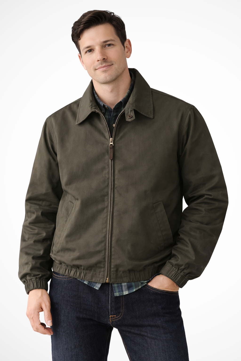 Close-up of the elastic cuffs and zipper on a men's Harrington jacket.