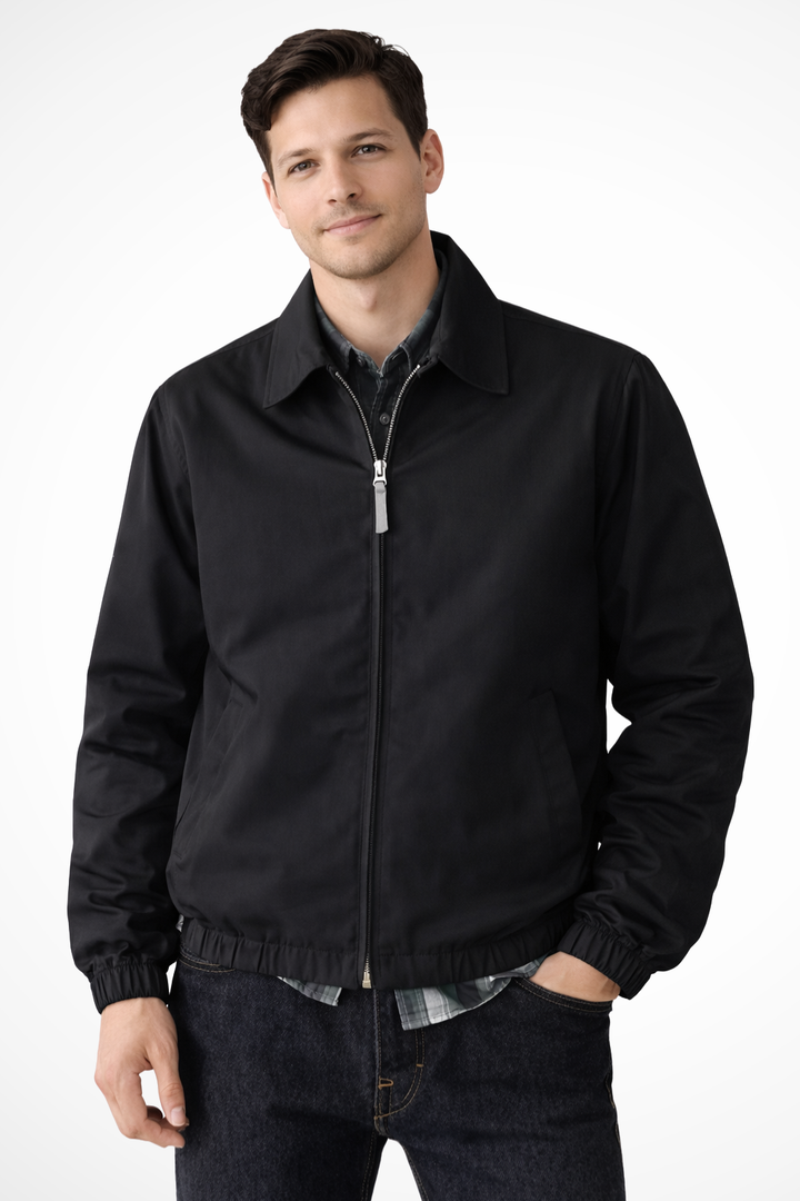 Model wearing a men's zip-up Harrington jacket, showcasing its casual appeal.