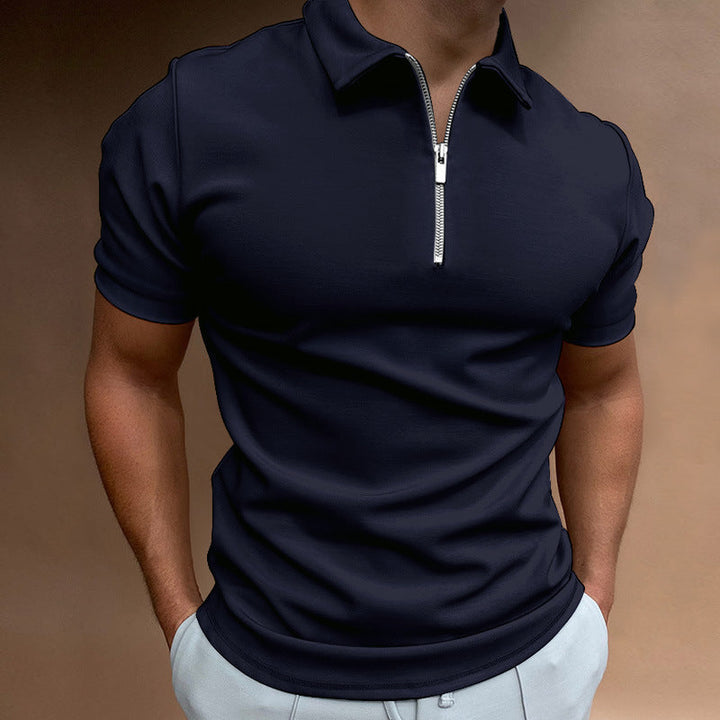 Essential men's short sleeve polo featuring a functional zipper, blending comfort with contemporary style.