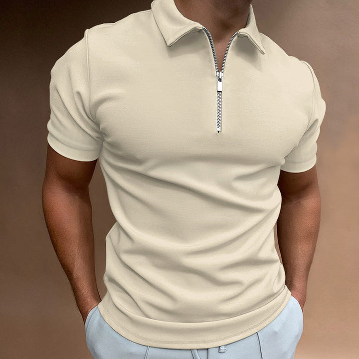 Stylish men's short sleeve zipper polo shirt in a neutral tone, ideal for smart casual wear.