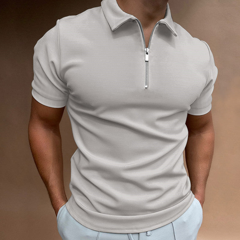 Close-up of the zipper on a men's casual polo shirt, highlighting modern fashion details.