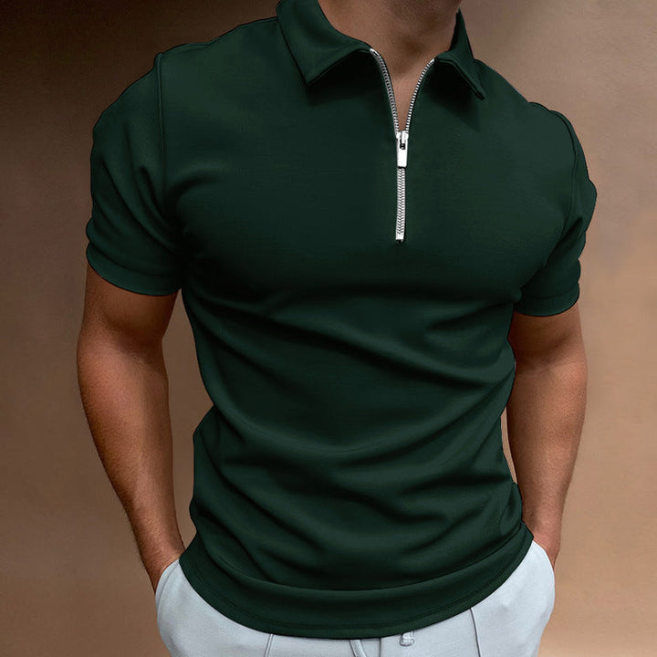 Front view of a men's smart casual zipper polo shirt, showcasing its clean design.
