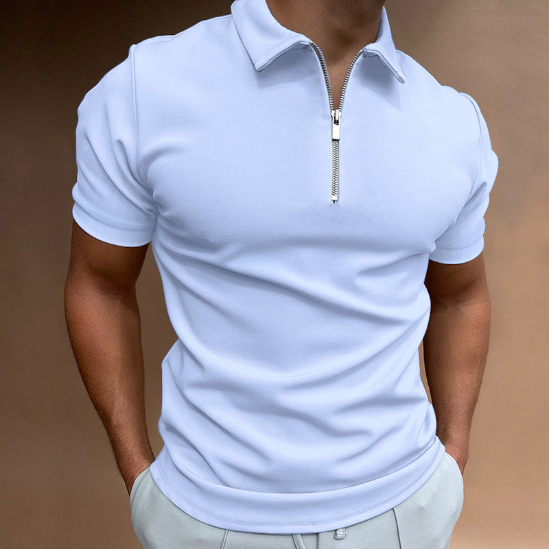 Stylish men modeling a comfortable short sleeve zipper polo, embodying modern fashion trends.