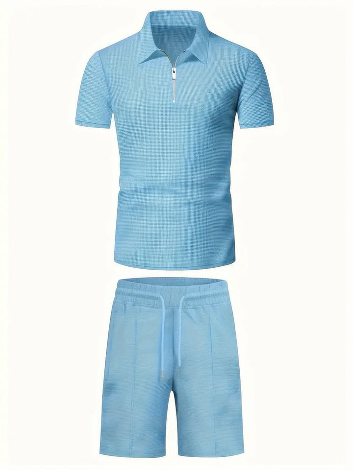 Relaxed fit men's zipper shirt & short set, offering comfort and style for summer casual outfits.