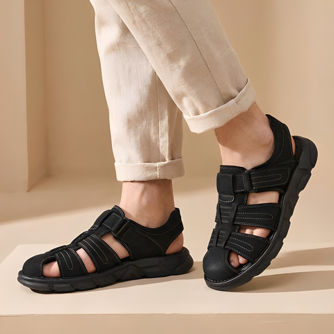 Durable men's closed-toe fisherman sandals featuring adjustable Velcro for comfort, perfect for casual summer wear.
