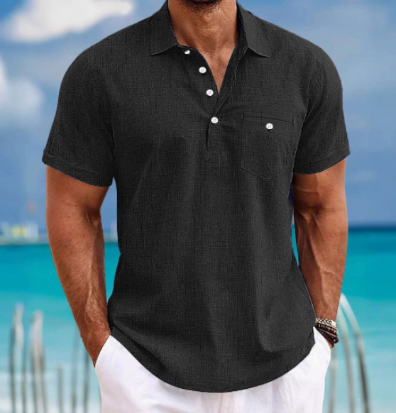 Versatile men's short sleeve collared shirt, button-front design. Great for smart casual, spring & summer outfits.