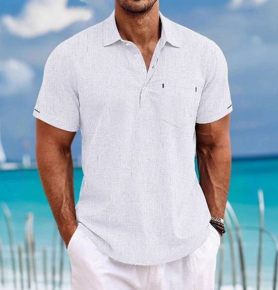 Classic men's short sleeve collared shirt with button front. Essential for comfortable spring & summer everyday wear.