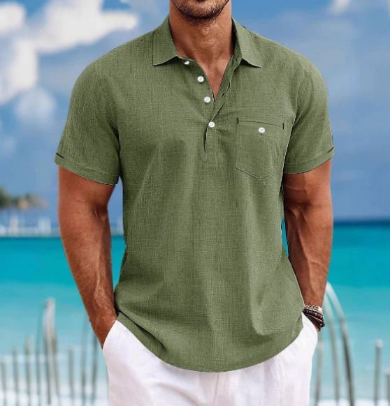 Comfortable men's short sleeve collared shirt, button front. A versatile top for casual spring & summer fashion.