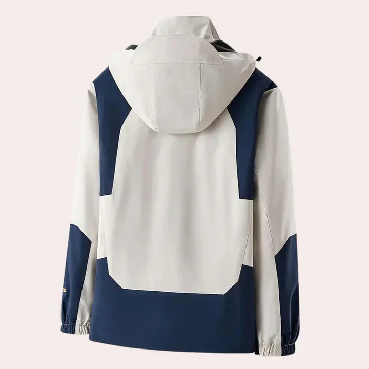 Stylish men's color block rain jacket with hood & full zip closure. Ideal lightweight transitional outerwear.