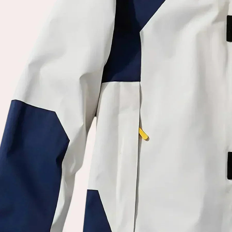 Men's lightweight rain jacket in a trendy color block design. Hooded for extra protection, great for fall.