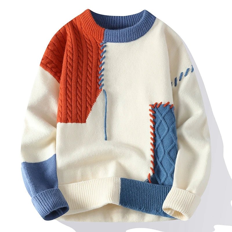 Men's color block knit sweater with long sleeves, perfect for casual fall and winter style.