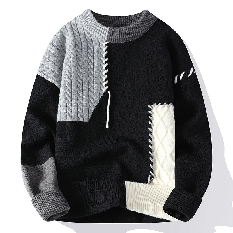 Stylish men's sweater featuring a trendy color block design and cozy knitwear fabric.