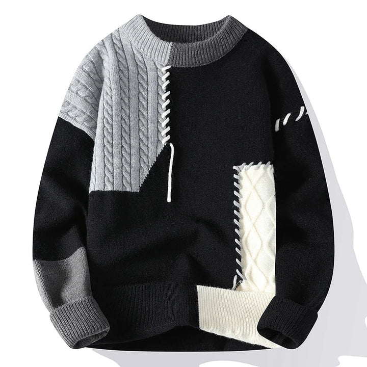 Stylish men's sweater featuring a trendy color block design and cozy knitwear fabric.