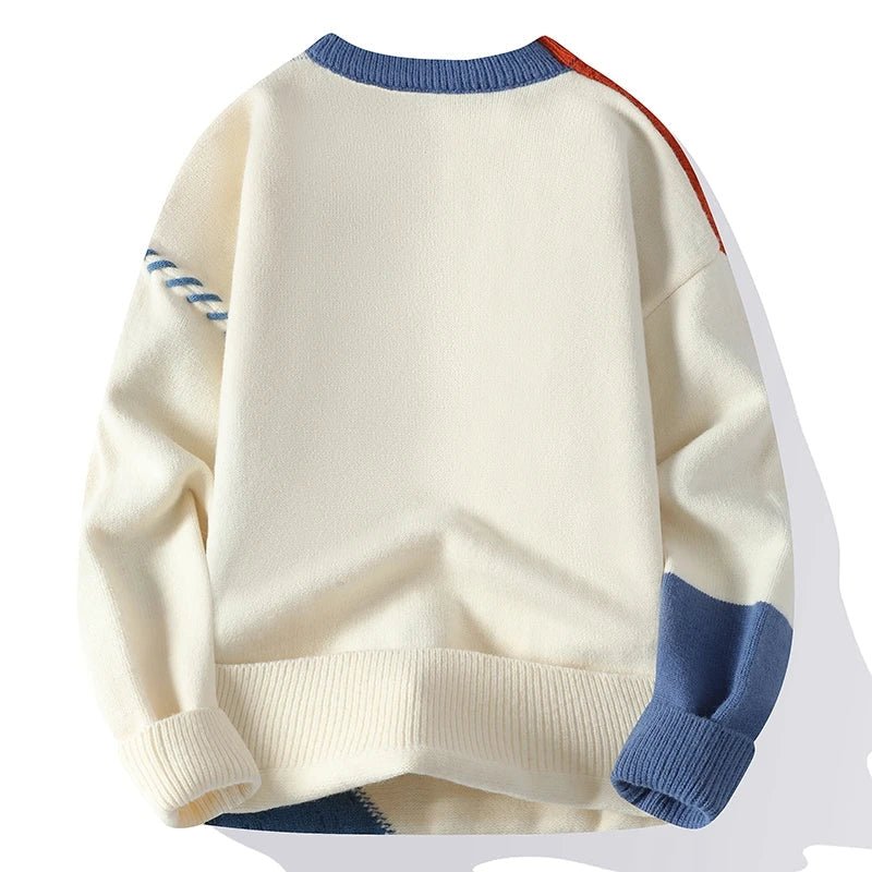 Casual style men's color block knit sweater, ideal for a trendy and cozy look.