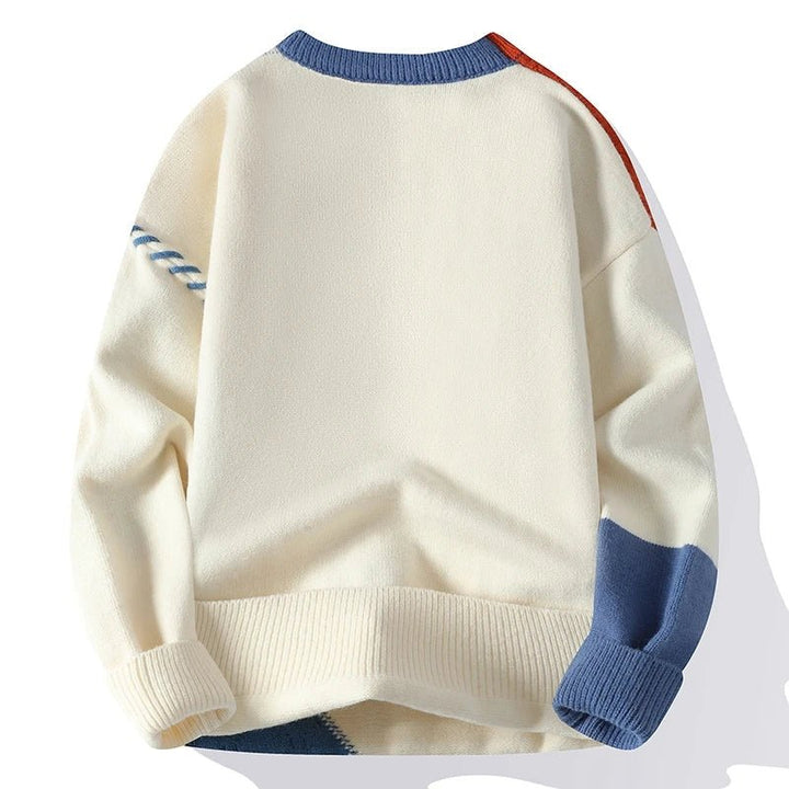 Casual style men's color block knit sweater, ideal for a trendy and cozy look.