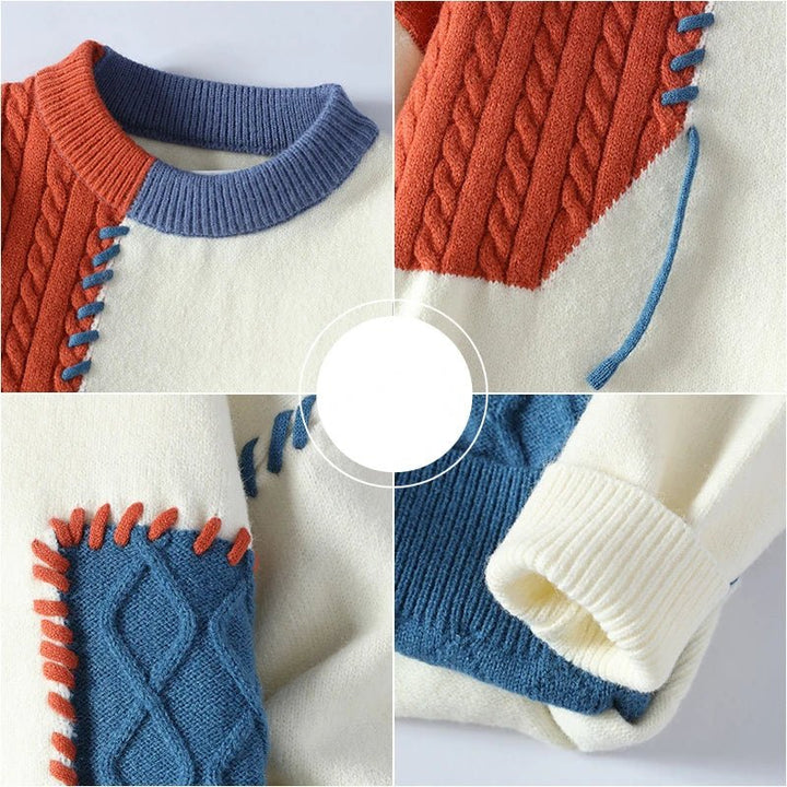 Fashionable men's knitwear sweater with a vibrant color block pattern, great for fall.