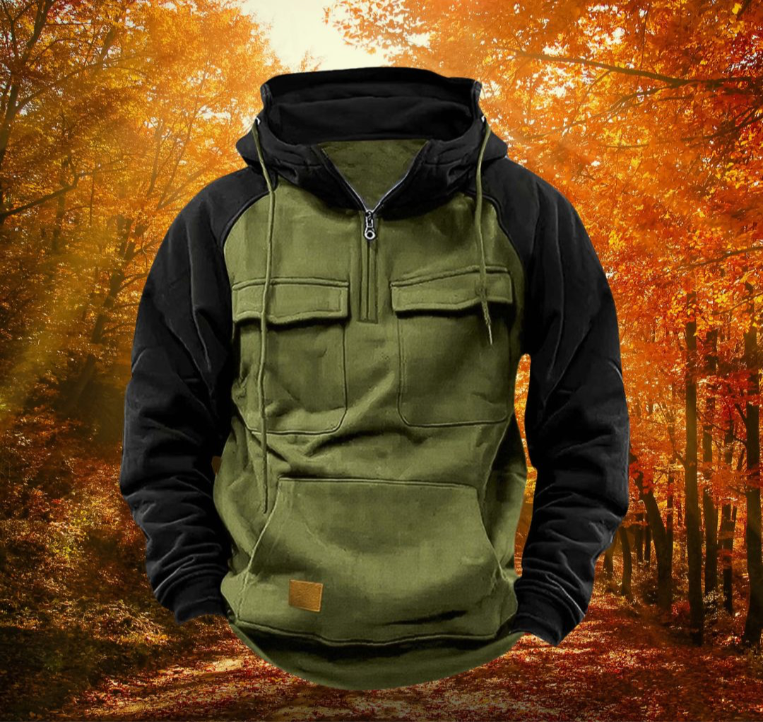 Men's color block zip-up hoodie, ideal for winter wear and streetwear.