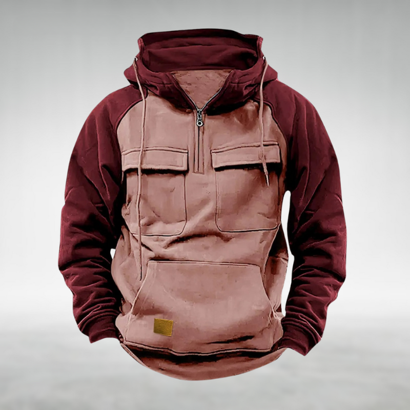 Men's fashion hoodie featuring a versatile color block pattern for winter.