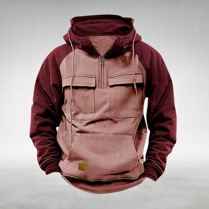 Men's fashion hoodie featuring a versatile color block pattern for winter.