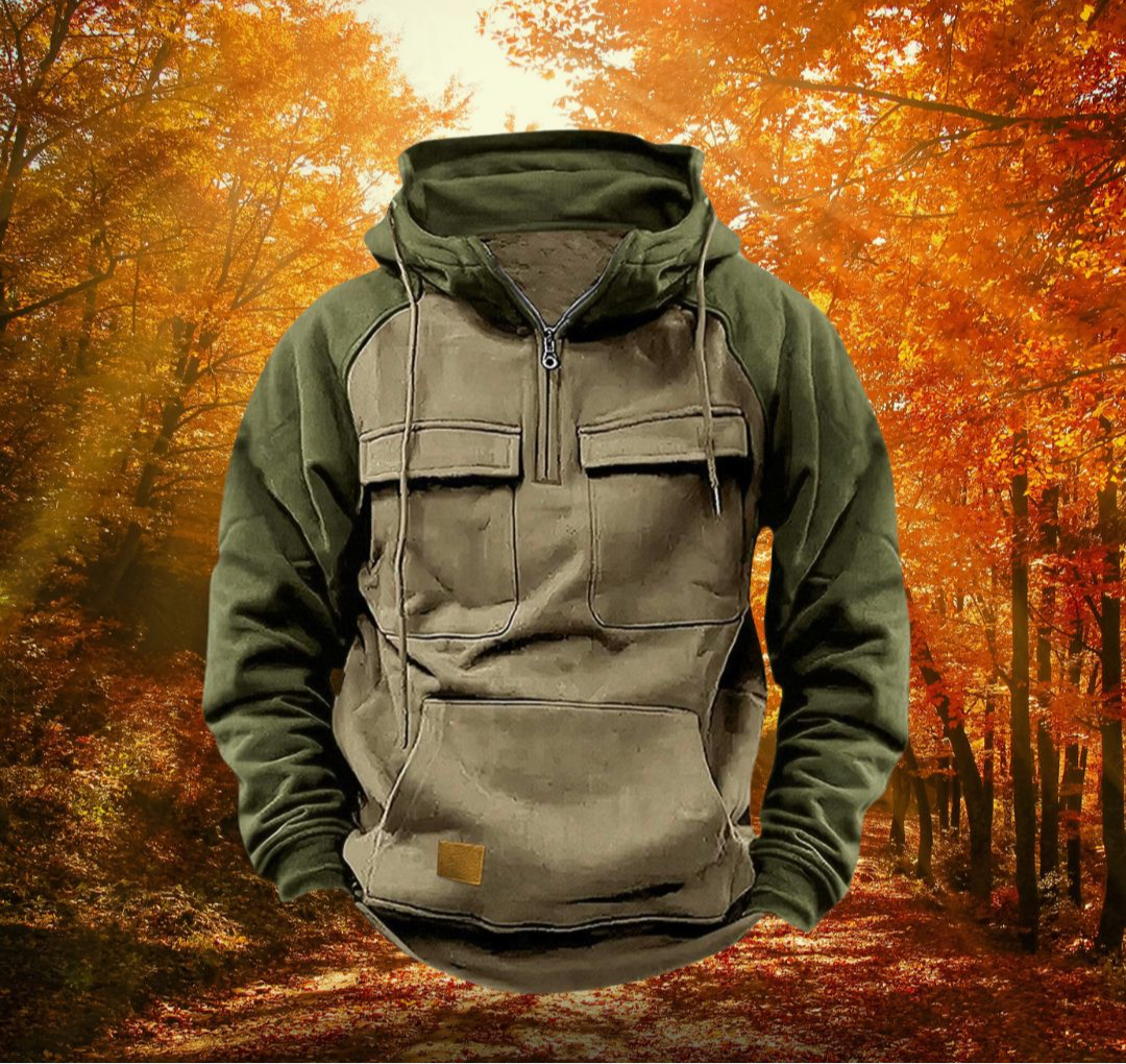 Casual men's zip-up hoodie, comfortable and adaptable for everyday wear.