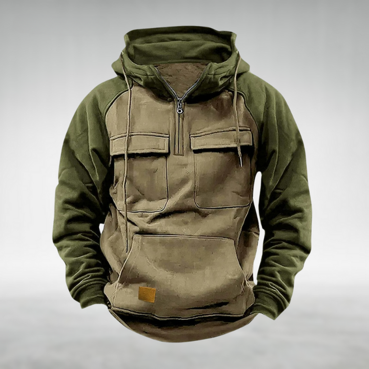 Outdoor gear for men: a stylish and functional winter hooded sweatshirt.
