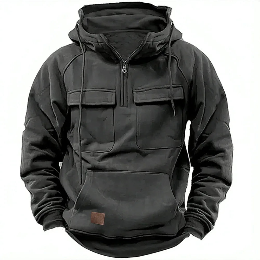 Men's multifunctional hoodie in a color block design, perfect for cold weather.