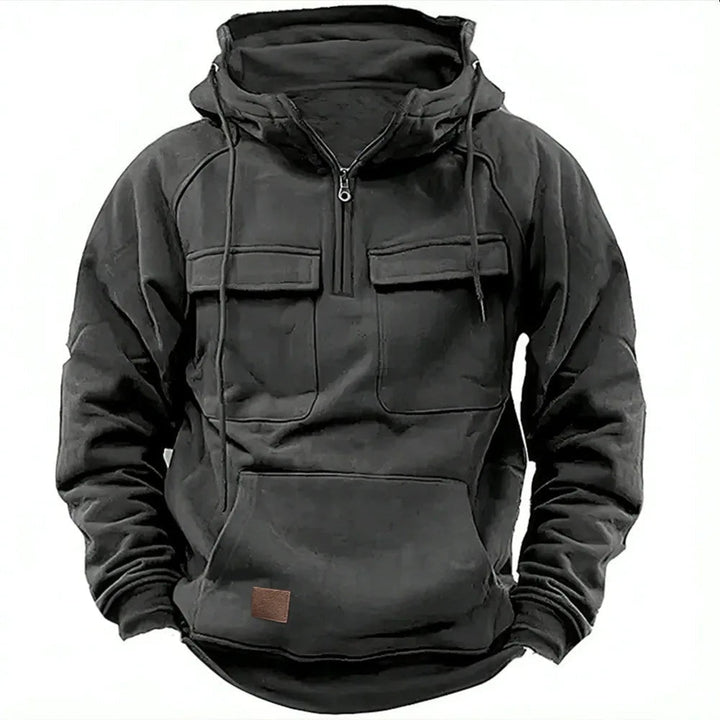 Men's multifunctional hoodie in a color block design, perfect for cold weather.