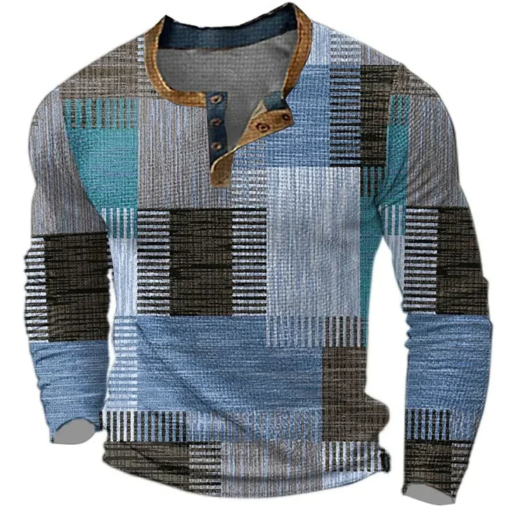 Comfortable men's long sleeve shirt with vibrant patchwork design. Ideal for stylish everyday wear.