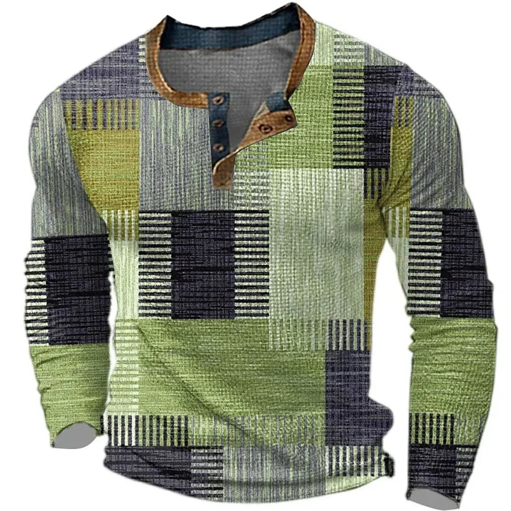 Close-up of a men's unique patchwork long sleeve shirt, showcasing its vibrant, modern design.