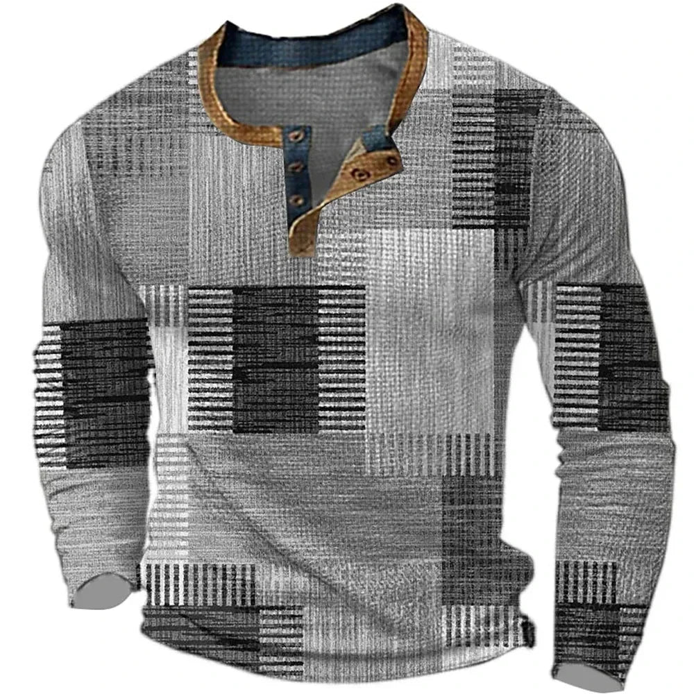 Stylish men's colorful patchwork long sleeve shirt. Versatile smart casual button-down for modern fashion.