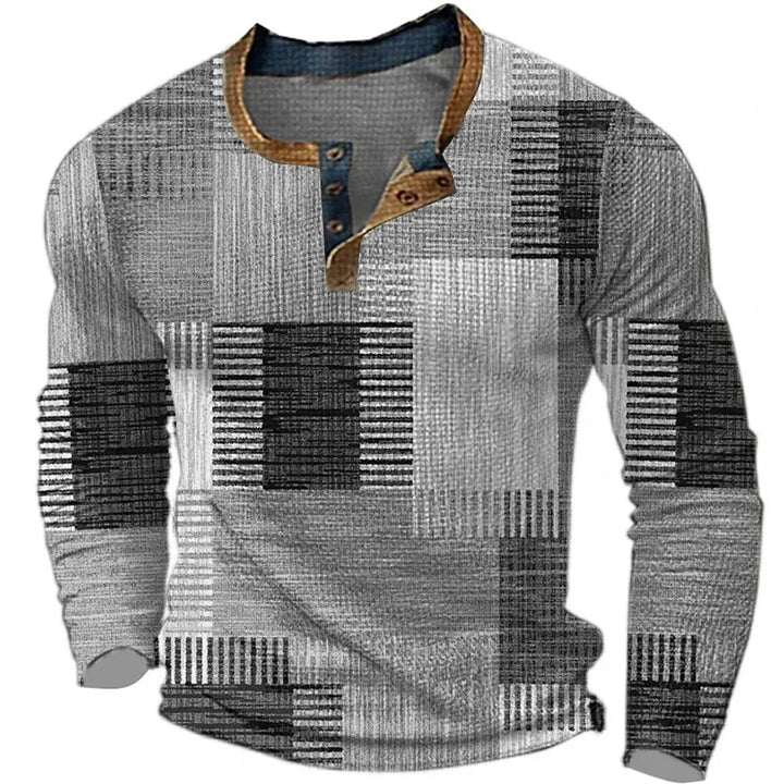Stylish men's colorful patchwork long sleeve shirt. Versatile smart casual button-down for modern fashion.