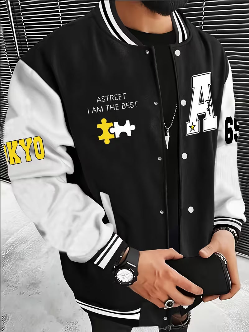 Men's colour block baseball collar jacket, lightweight zip-up outerwear for casual autumn style.