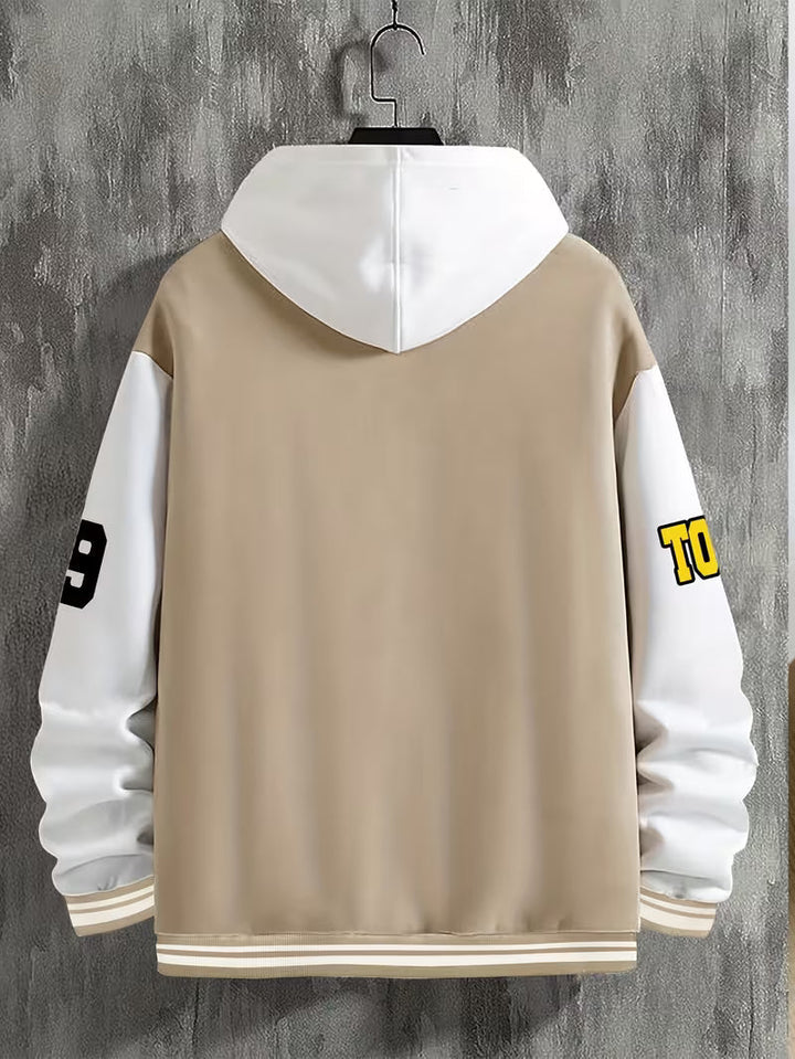 Men's casual colour block jacket, lightweight zip-up outerwear with a stylish baseball collar.