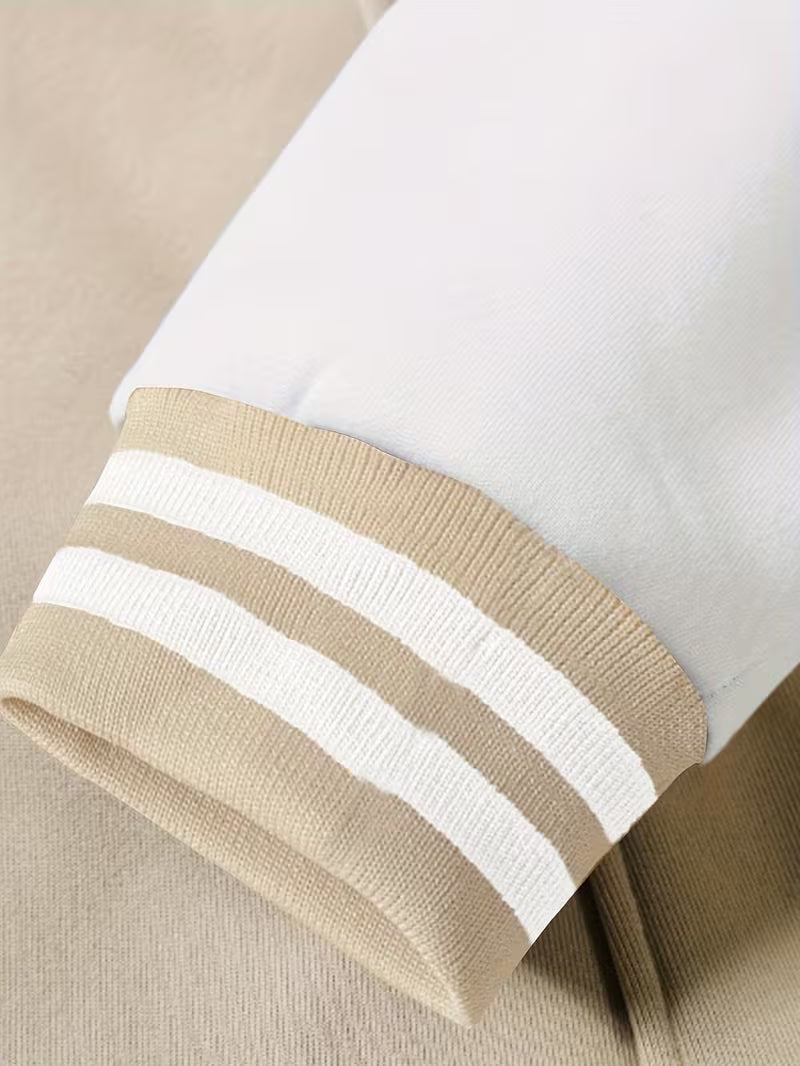 Stylish men's colour block baseball collar jacket, lightweight zip-up for a sporty casual autumn look.