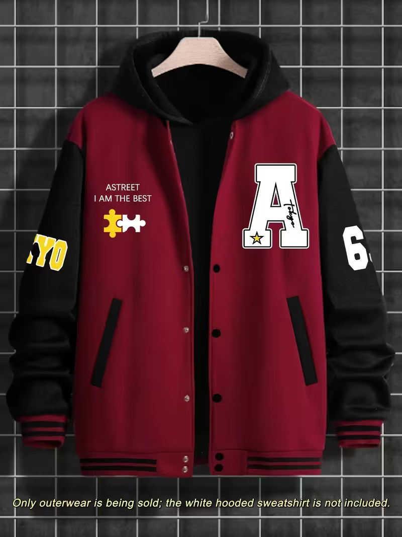 Men's colour block baseball collar jacket, lightweight zip-up outerwear, casual, sporty, autumn fashion.