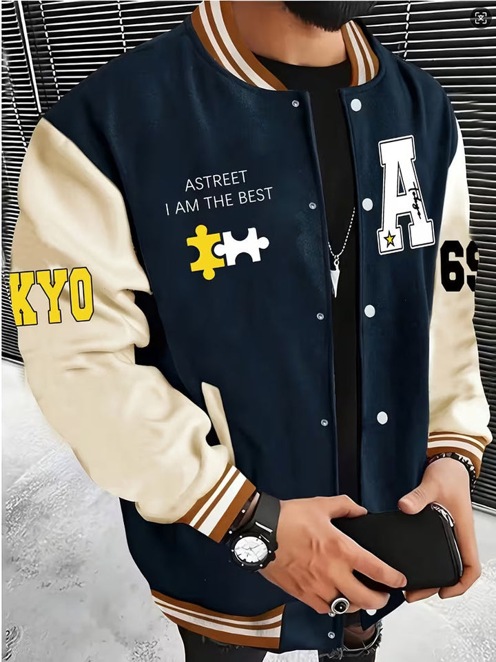 Sporty men's colour block jacket with baseball collar, ideal for casual streetwear and autumn fashion.