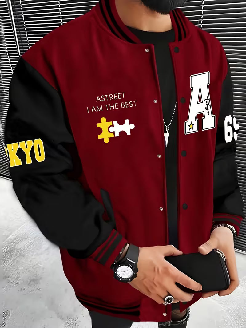 Men's baseball collar colour block jacket, a stylish lightweight zip-up piece for modern streetwear.