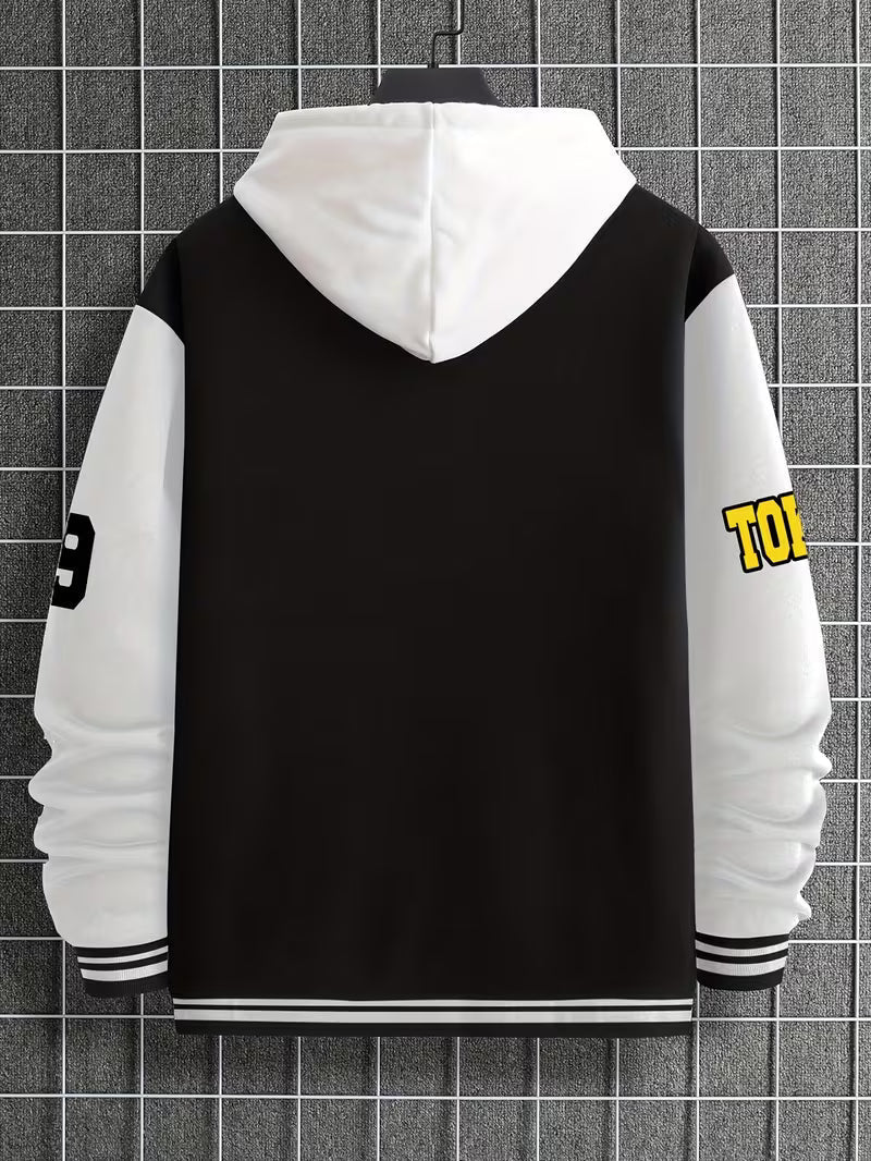 Man wearing a lightweight colour block baseball collar jacket, perfect for casual outdoor activities.