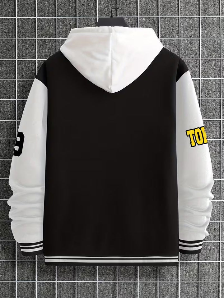 Man wearing a lightweight colour block baseball collar jacket, perfect for casual outdoor activities.