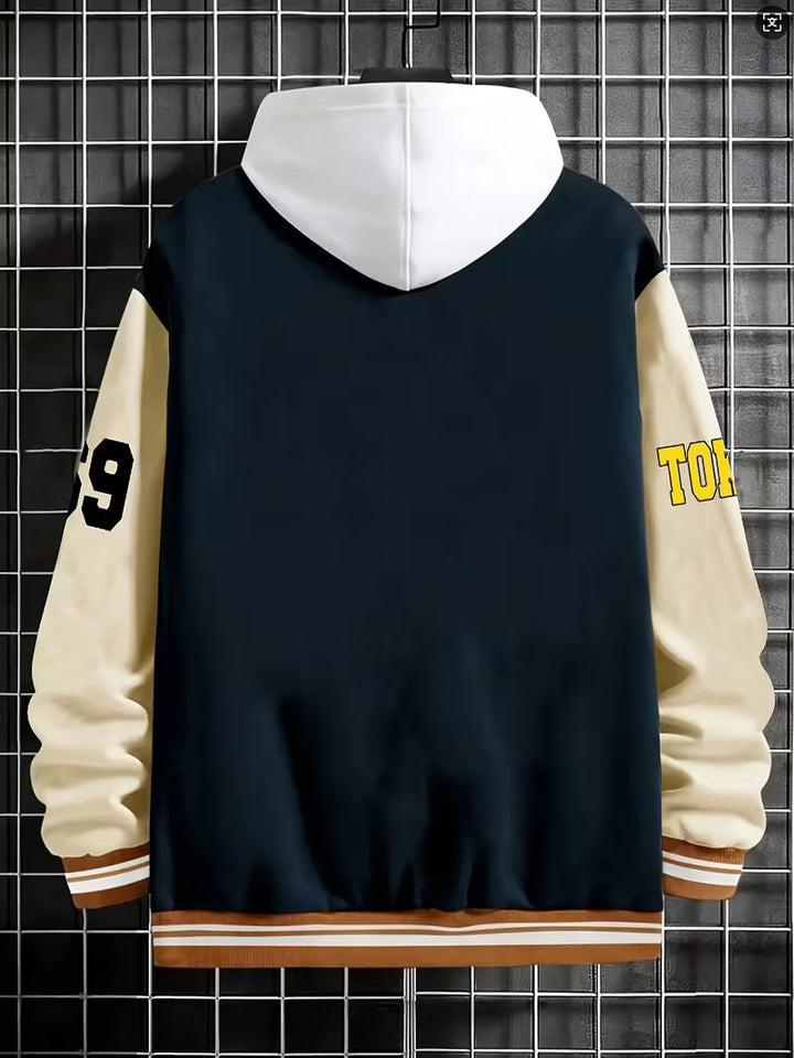 Streetwear men's colour block jacket, lightweight, baseball collar, zip-up for a modern autumn look.