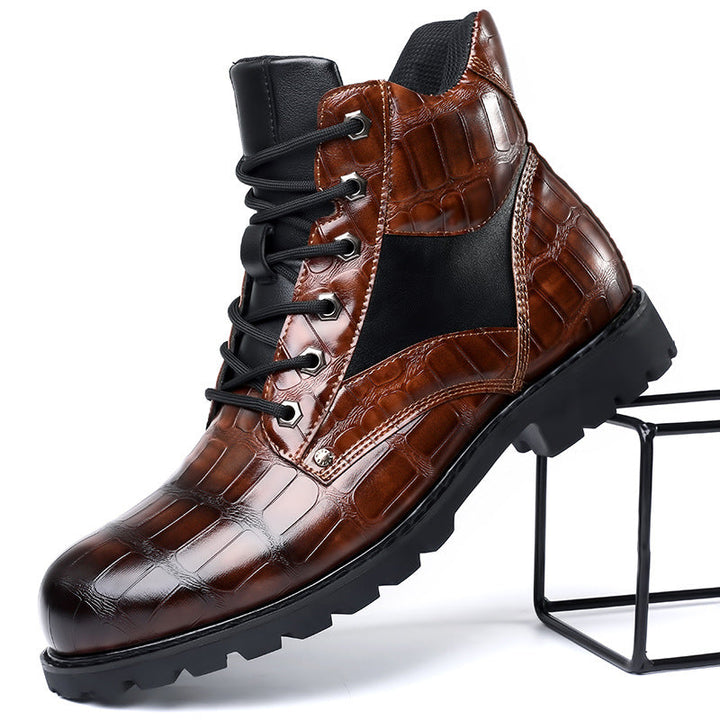 Men's combat ankle boots with distinctive alligator embossed texture & lace-up design.
