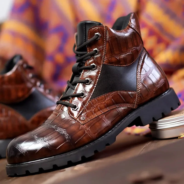 Stylish men's black combat boots featuring a unique alligator embossed pattern & durable lug sole.