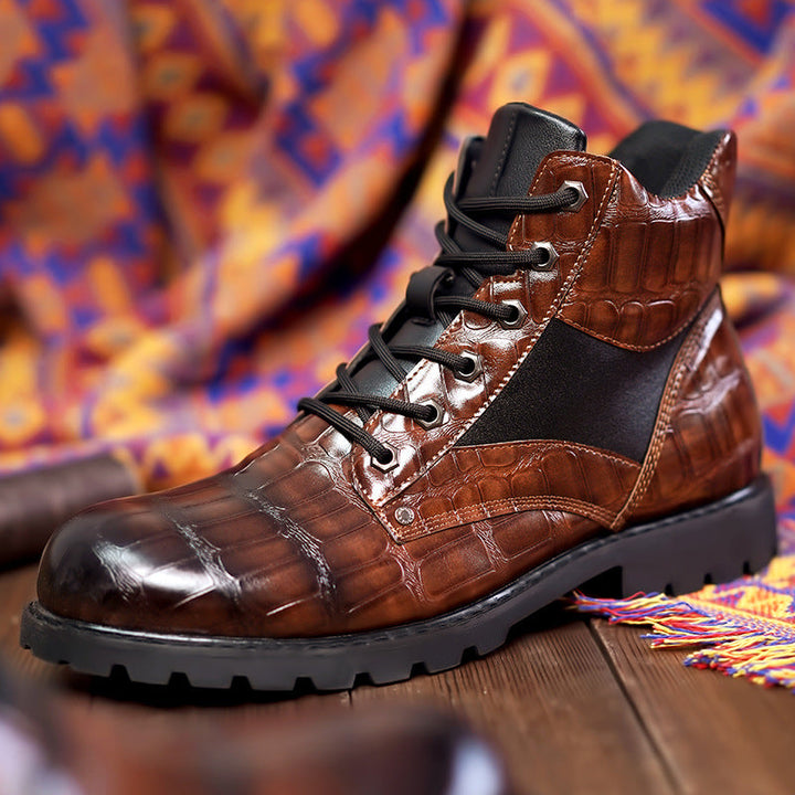 Rugged men's lace-up ankle boots with alligator embossed detailing, perfect for a bold look.