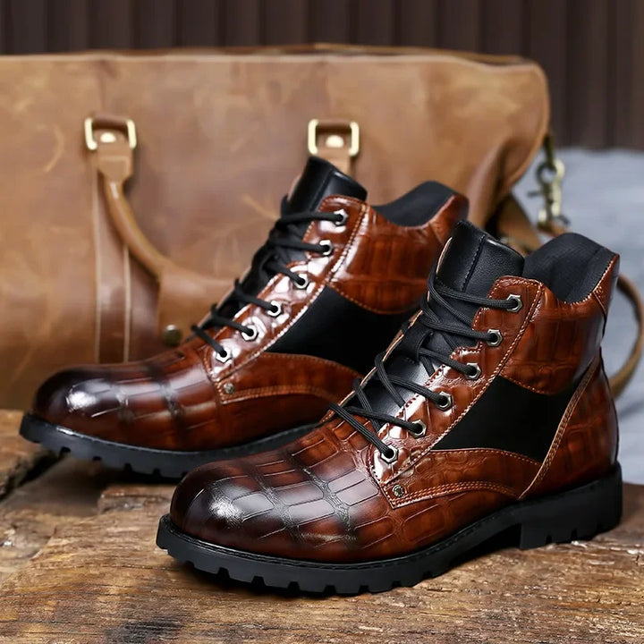 Versatile men's fashion boots: brown alligator embossed combat style with sturdy lug sole.