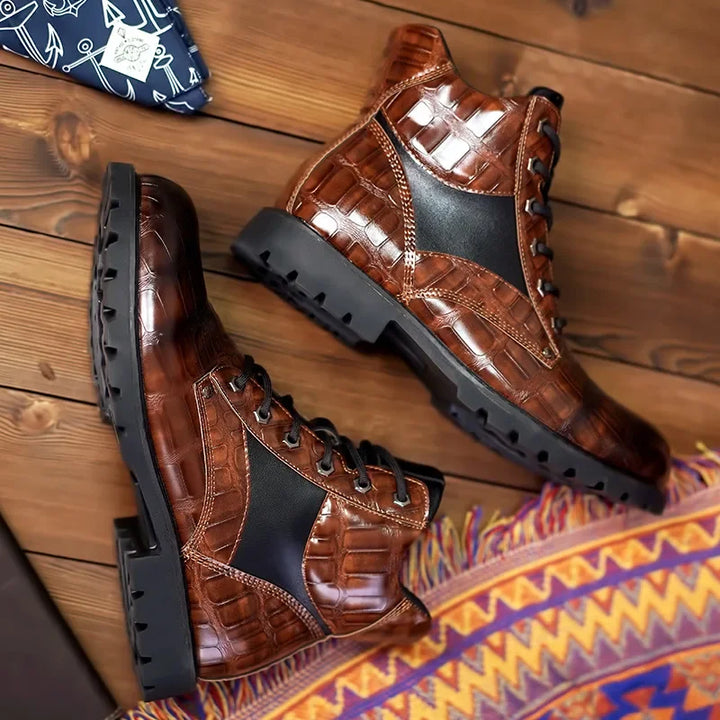 Durable men's combat ankle boots with an eye-catching alligator embossed finish, ideal for everyday style.